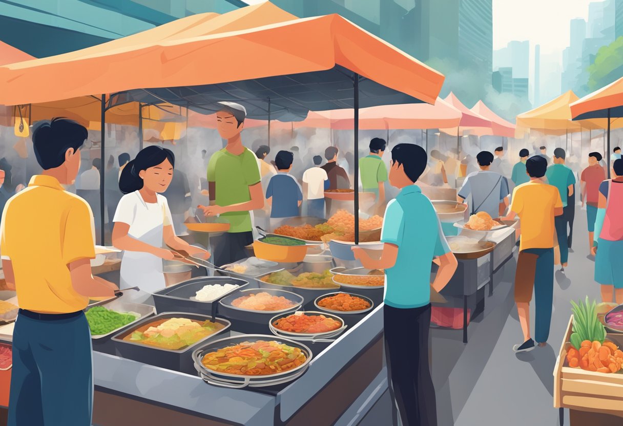 A bustling street food stall with colorful signage and steaming pots, surrounded by eager customers in a vibrant Singaporean market