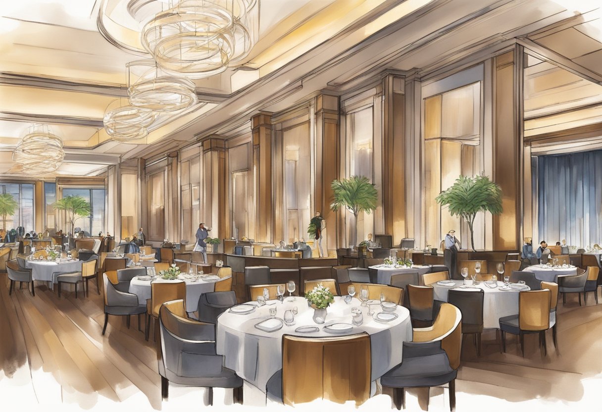 Guests dine and enjoy live entertainment at the Marriott Hotel Singapore. The elegant dining area is filled with ambient lighting and bustling with activity