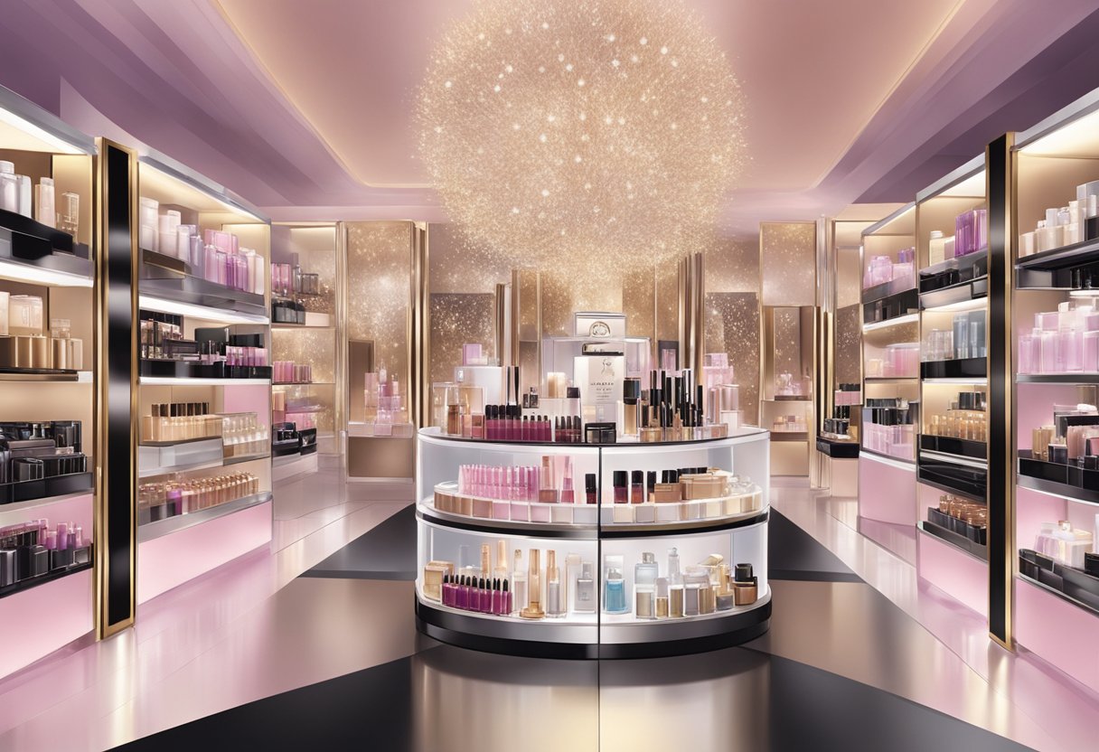 A luxurious display of Lancome products surrounded by glowing lights and shimmering accents, evoking a sense of elegance and allure