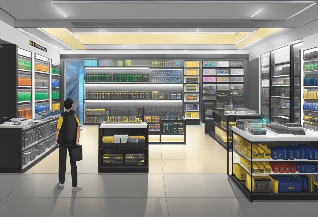 The Nitecore Singapore store is brightly lit with a sleek, modern design. The shelves are lined with a variety of high-quality flashlights and outdoor gear. A knowledgeable staff member assists a customer with a purchase