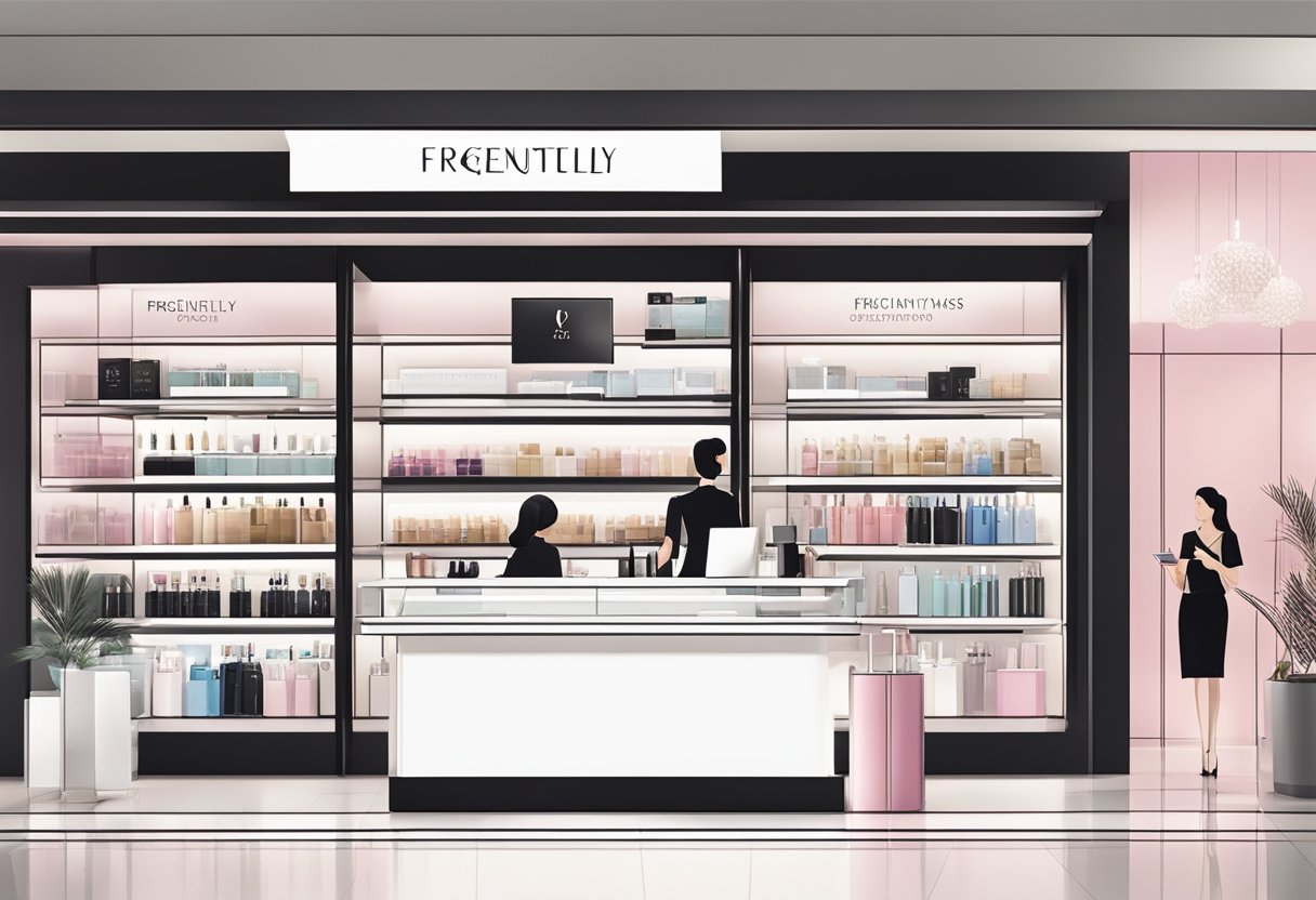 A sleek and modern customer service counter with a prominently displayed "Frequently Asked Questions" sign at a bustling Lancome store in Singapore