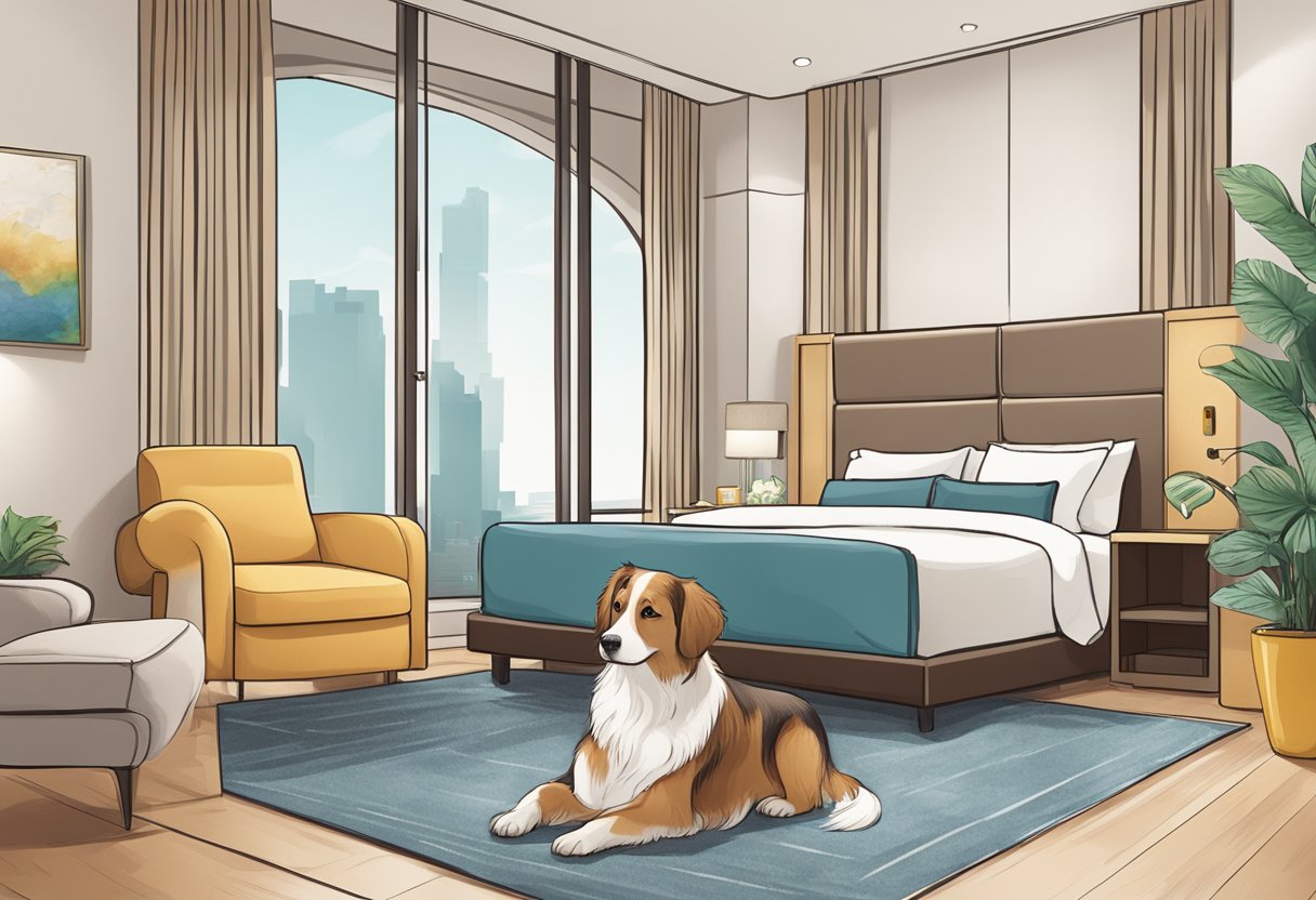 A dog wagging its tail in a spacious hotel room with pet-friendly amenities and a cozy pet bed in Singapore
