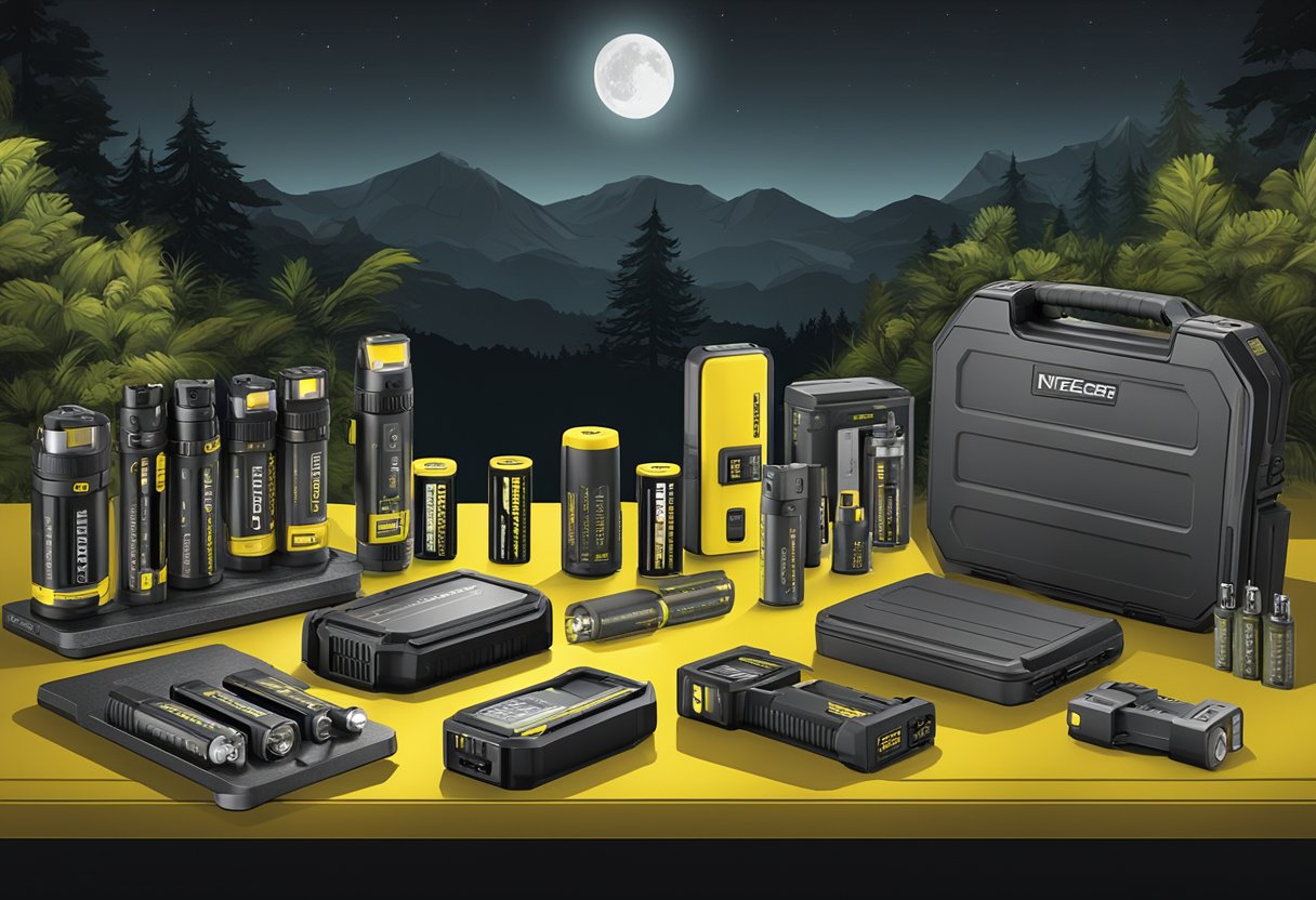 A table displays a variety of Nitecore products, including flashlights, batteries, and chargers. The background features a dark, outdoor setting to emphasize the products' functionality in low-light conditions