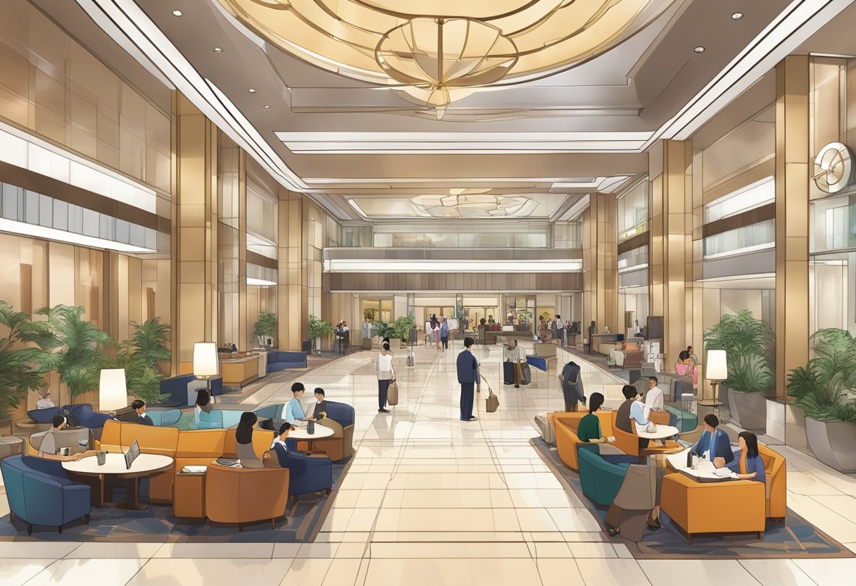 The lobby of the Marriott Hotel in Singapore is bustling with guests. The front desk is busy with check-ins, while others relax in the comfortable seating areas. The hotel's logo is prominently displayed, and staff members are ready to assist