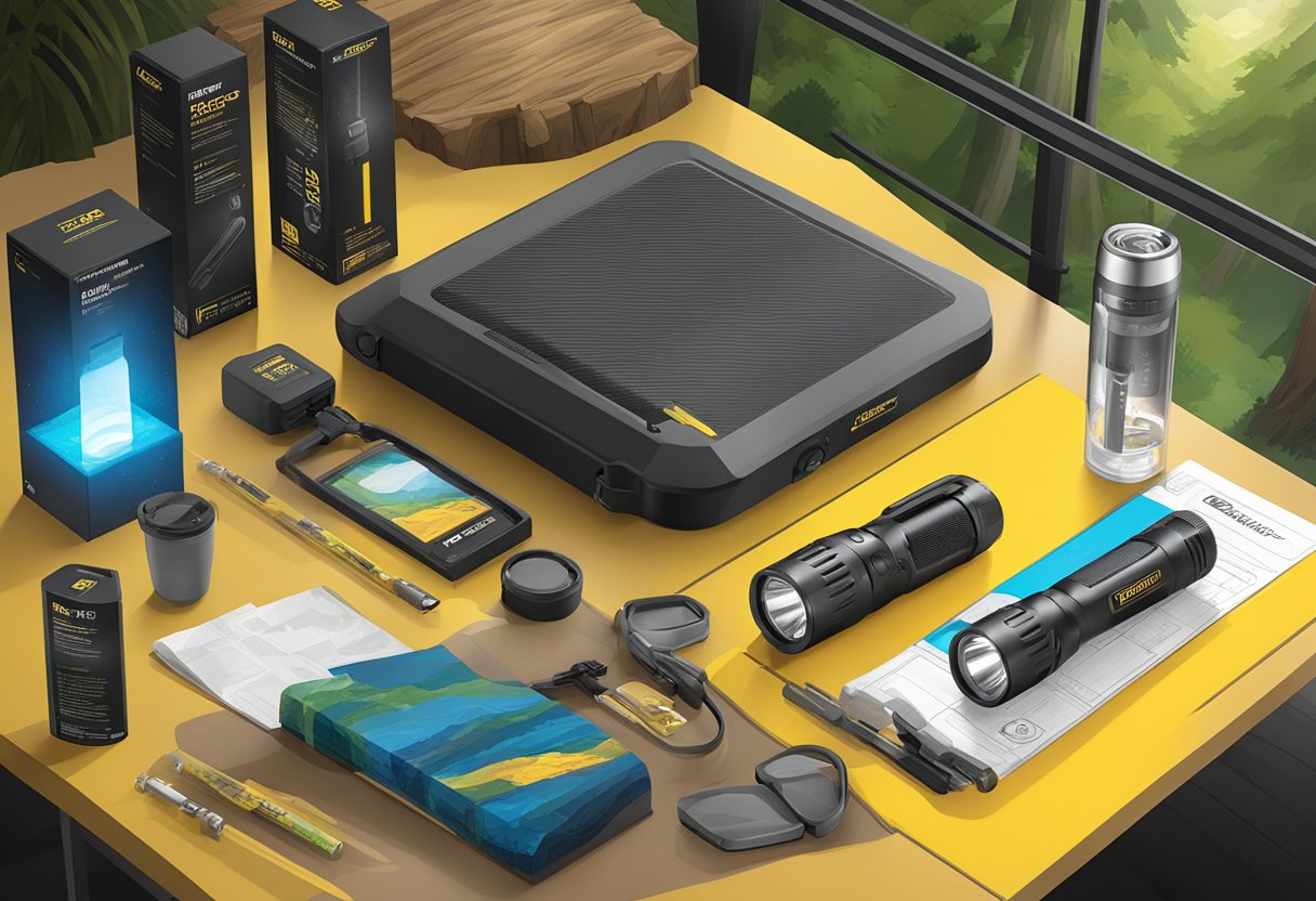 A table with Nitecore flashlights displayed, bright and sleek packaging, and a backdrop of outdoor adventure scenes