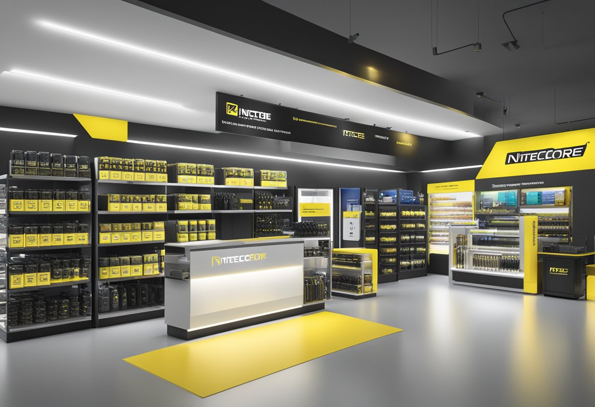 A brightly lit display of Nitecore Singapore products with a sign indicating "Frequently Asked Questions" prominently displayed