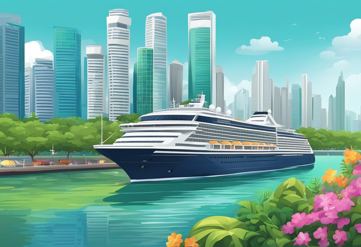 A luxurious cruise ship sails through the vibrant port of Singapore, with iconic skyscrapers and lush greenery in the background