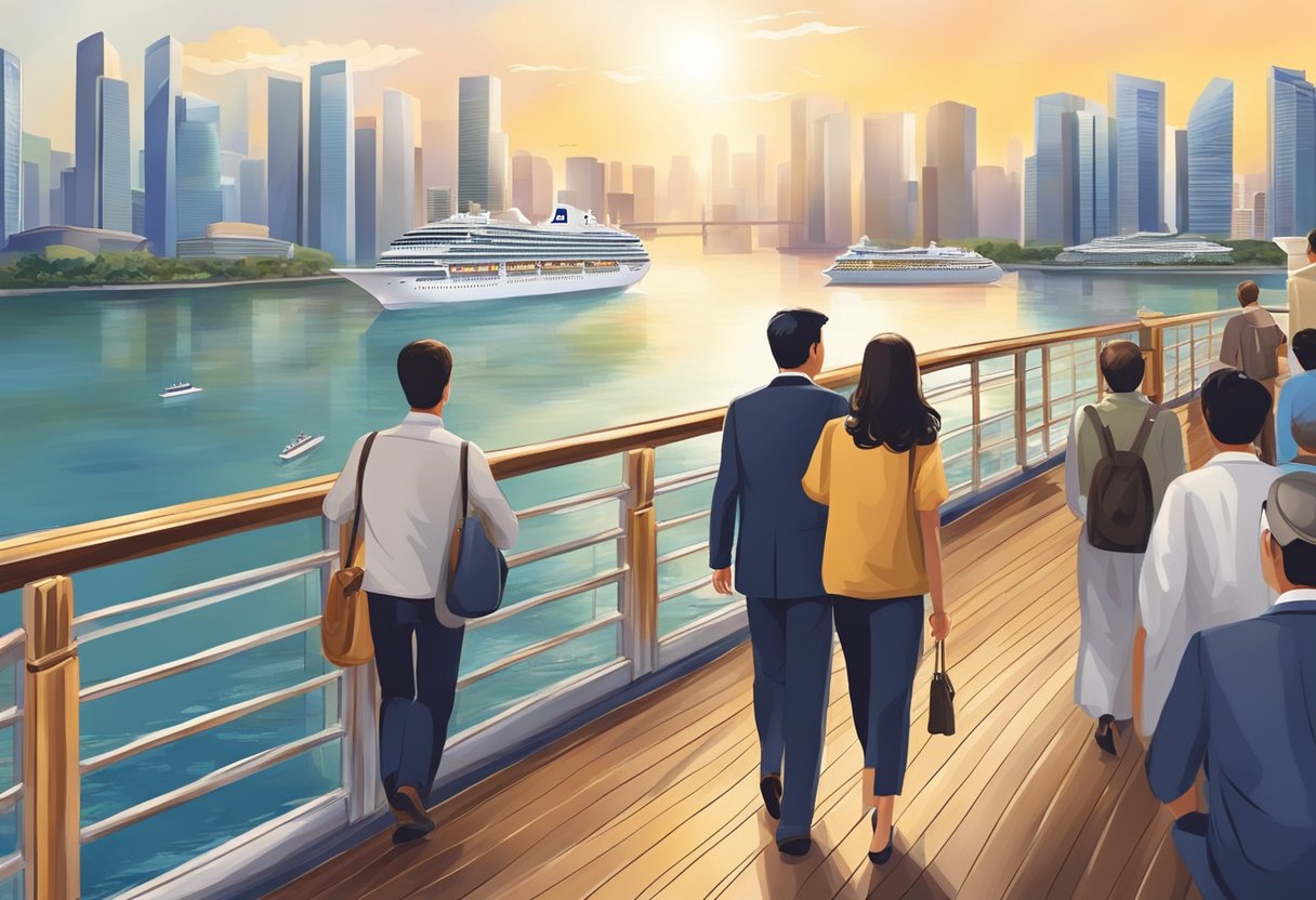 Passengers strolling on deck, admiring the Singapore skyline. A luxurious cruise ship glides through the harbor, surrounded by sparkling waters