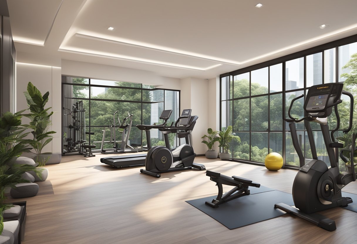 A modern private gym in Singapore with state-of-the-art equipment, spacious workout areas, and natural lighting
