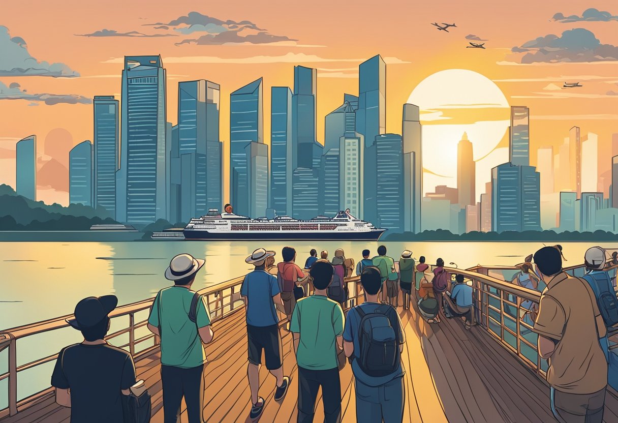 Passengers gather on deck, maps in hand, as the ship sails past the iconic skyline of Singapore. The sun sets in the distance, casting a warm glow over the bustling port city