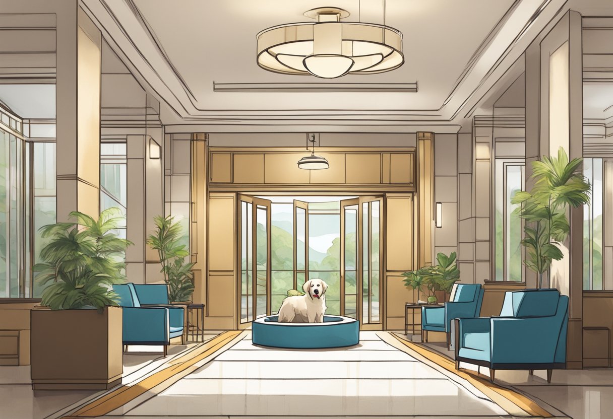 A dog happily walks through the lobby of a pet-friendly hotel in Singapore, passing by a water bowl and a cozy pet bed