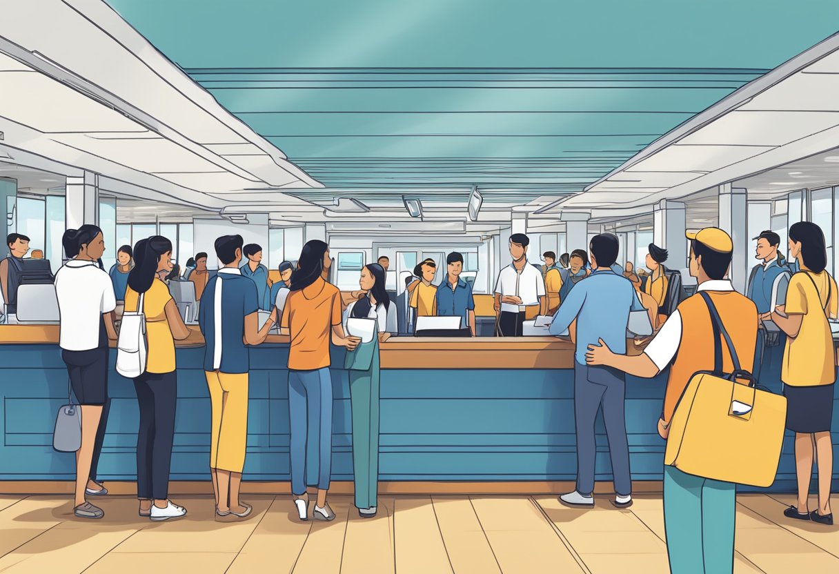 Passengers lining up at a customer service desk with a sign that reads "Frequently Asked Questions Royal Caribbean Cruise Singapore" above it