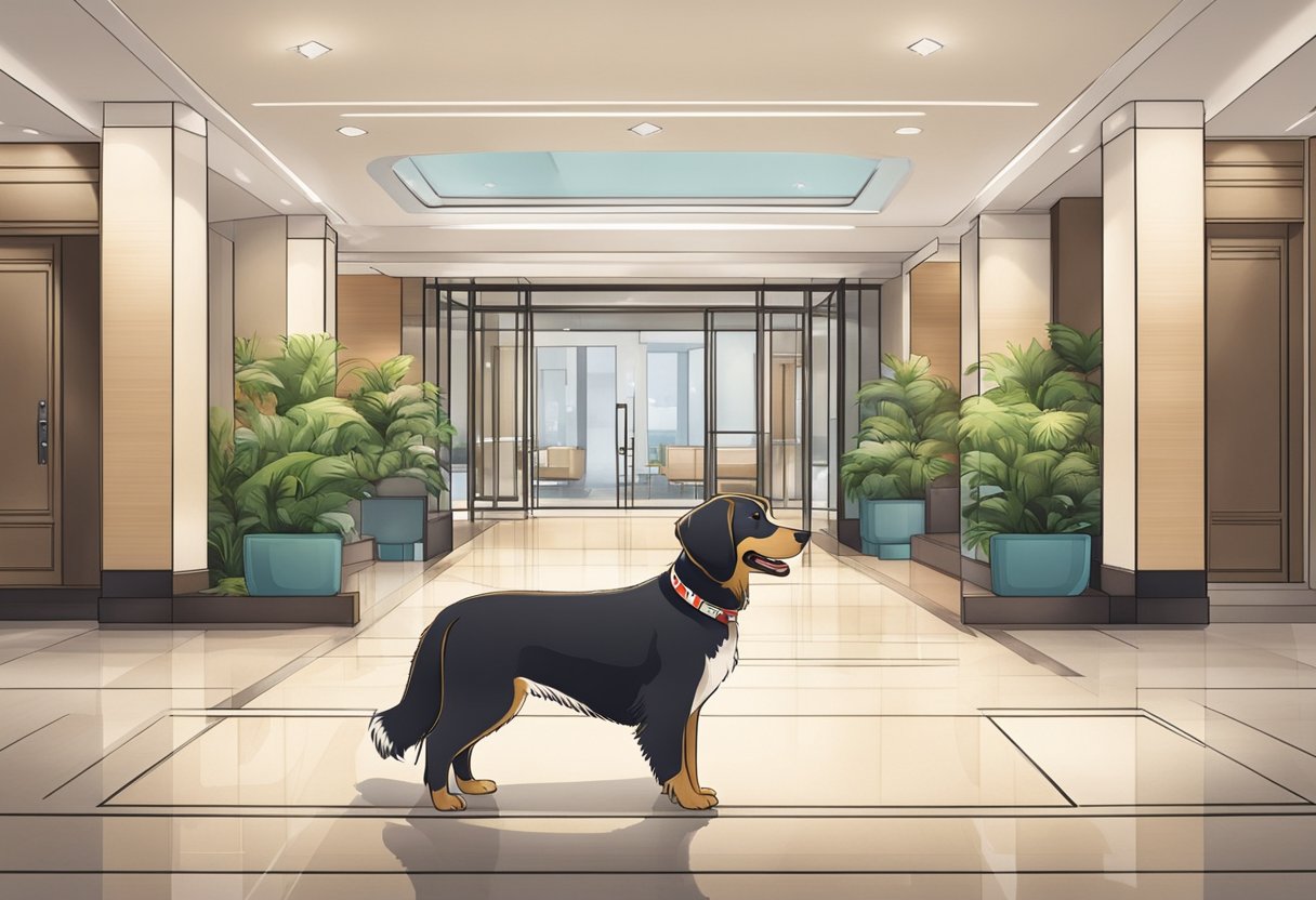 A dog happily greets guests at the entrance of a modern, pet-friendly hotel in Singapore. The hotel features a spacious lobby with pet amenities and a welcoming atmosphere for both pets and their owners