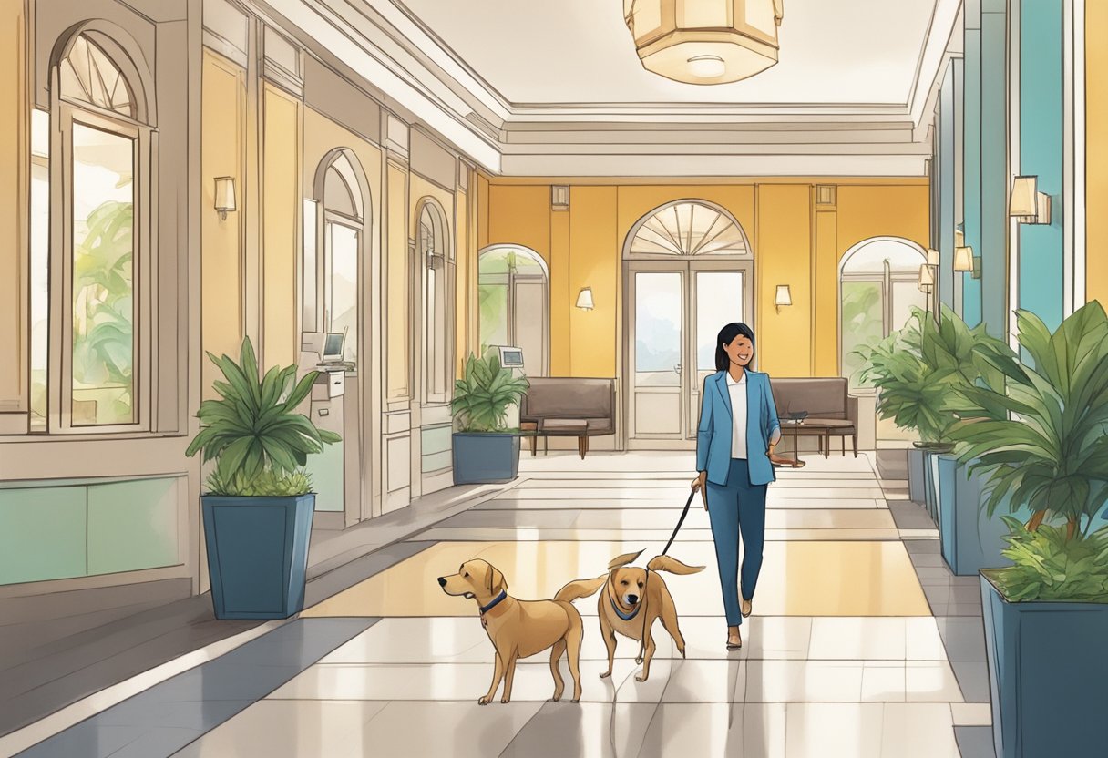 A dog happily walks through the lobby of a pet-friendly hotel in Singapore, greeted by a smiling staff member
