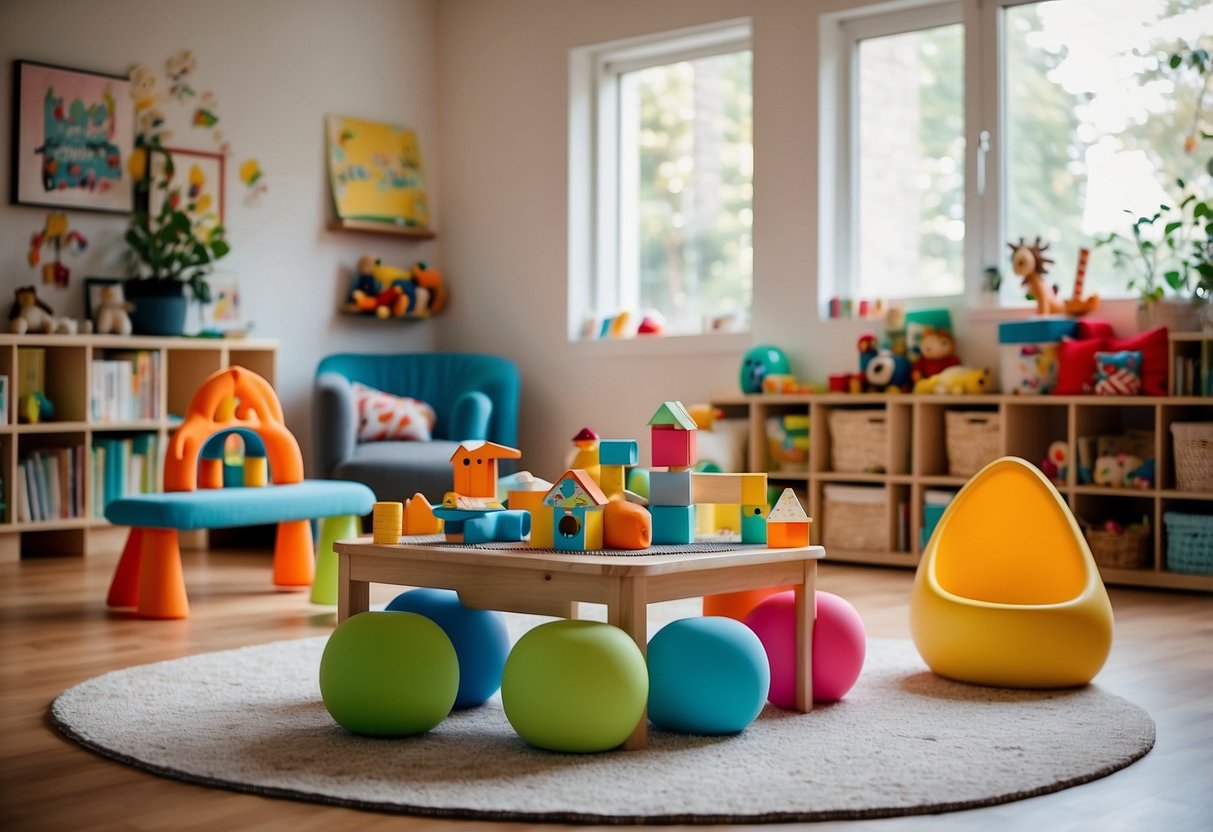 An 18-month-old's play area with toys, books, and colorful objects. A child-friendly space with soft cushions and a low table for activities