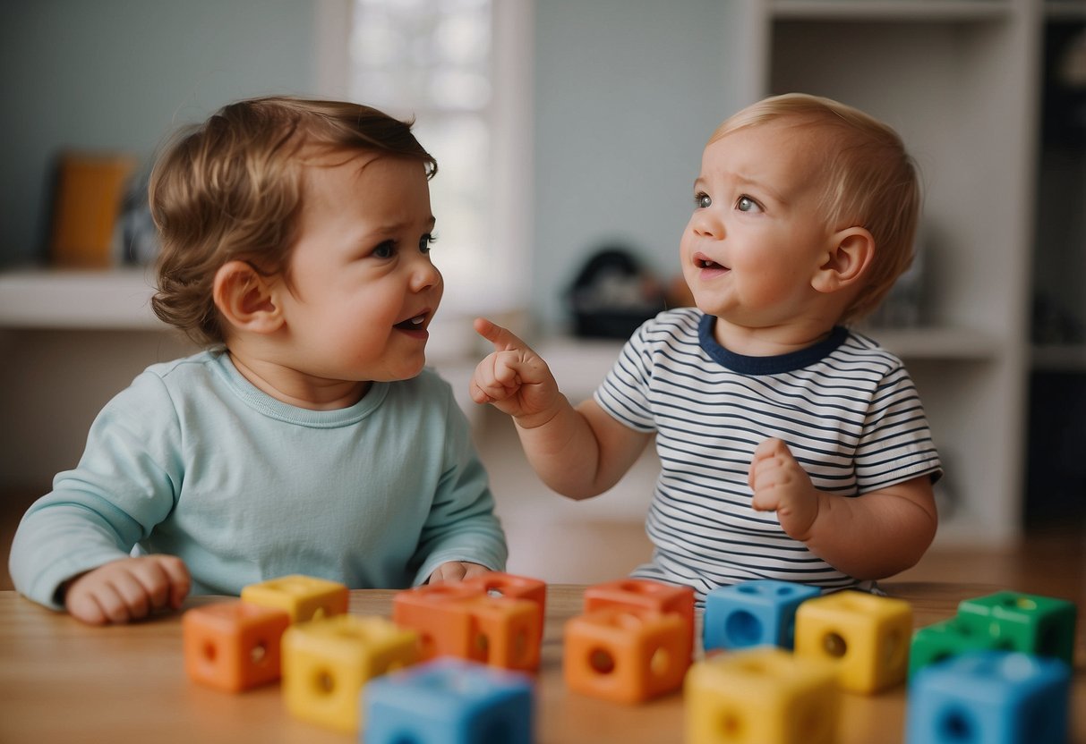 An 18-month-old pointing at objects and attempting to say words, while a caregiver encourages speech through repetition and positive reinforcement