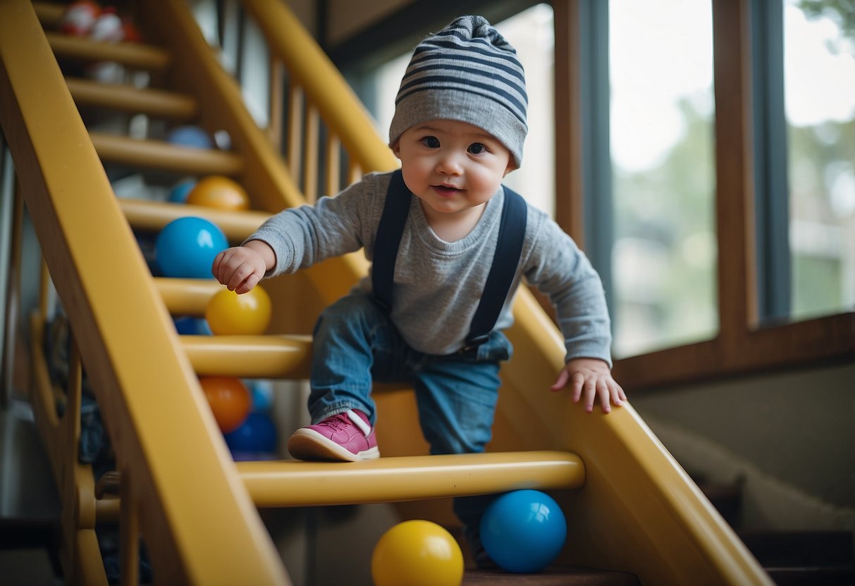 A 2-year-old child is walking independently, climbing stairs with assistance, kicking a ball, and scribbling with a crayon