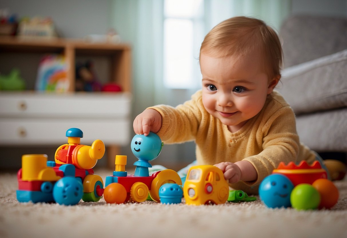 A 2-year-old plays with toys, giggling and exploring their surroundings with curiosity and excitement. They may also be learning to walk and talk, showing independence and a growing sense of self