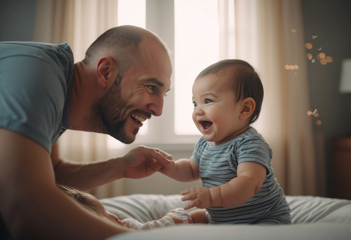 An 8-month-old baby babbles and gestures, while a caregiver smiles and responds with encouraging words