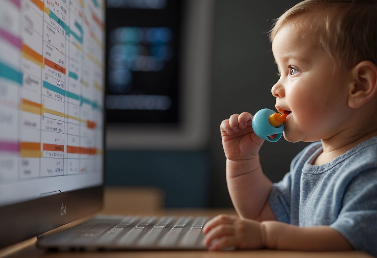 A baby's mouth forming sounds, with a speech therapist observing and pointing to a chart of developmental milestones