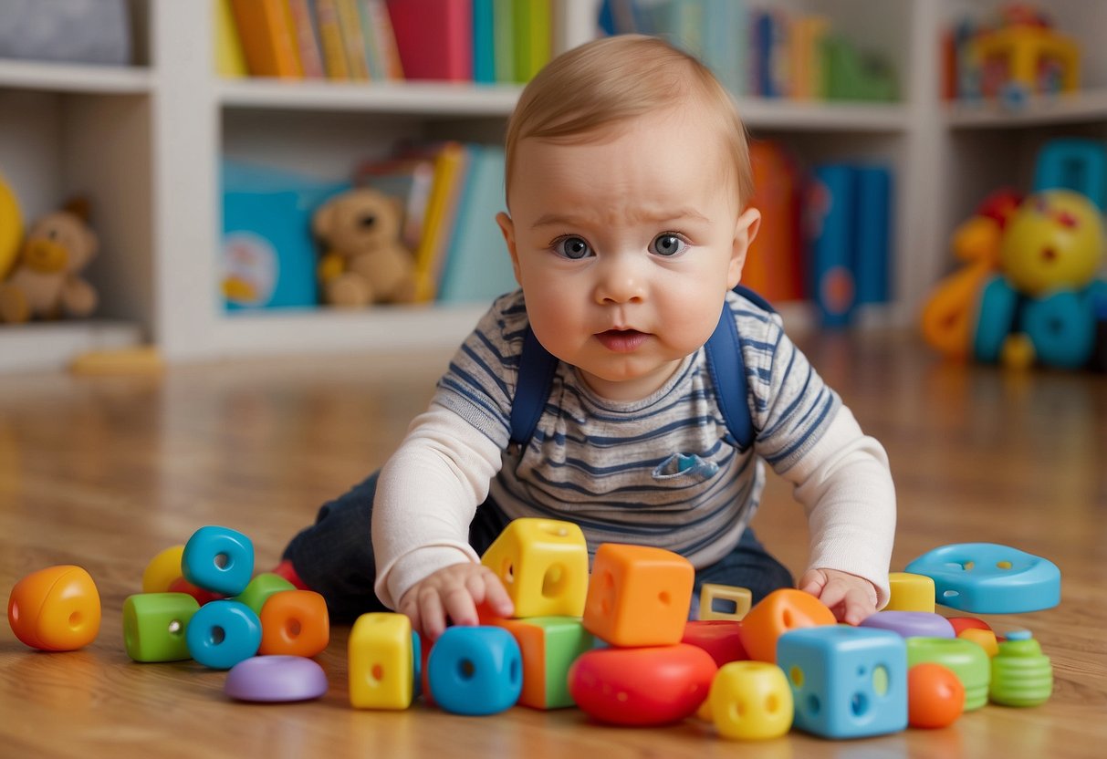 An 8-month-old points to objects and babbles, showing early language development. Books and toys surround the child, encouraging interaction and learning