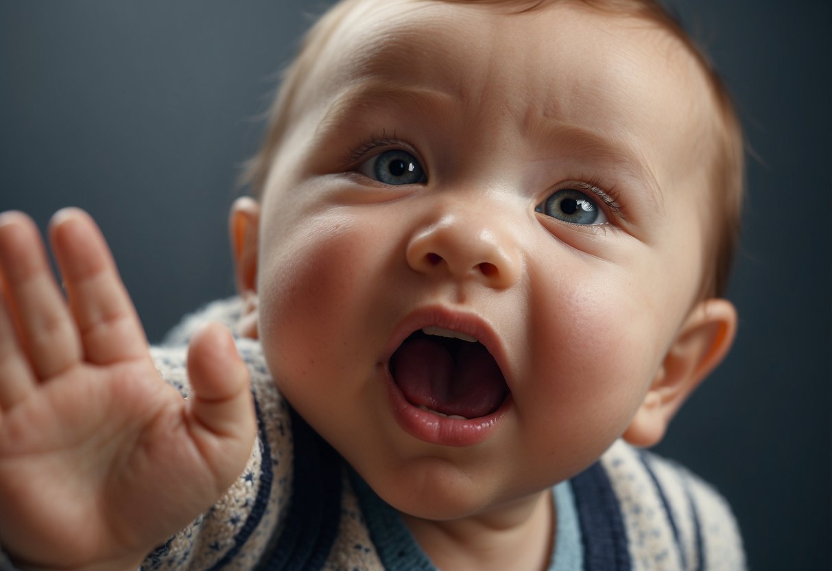 A baby's hand reaching towards an open mouth, with a curious expression and a question mark floating above their head