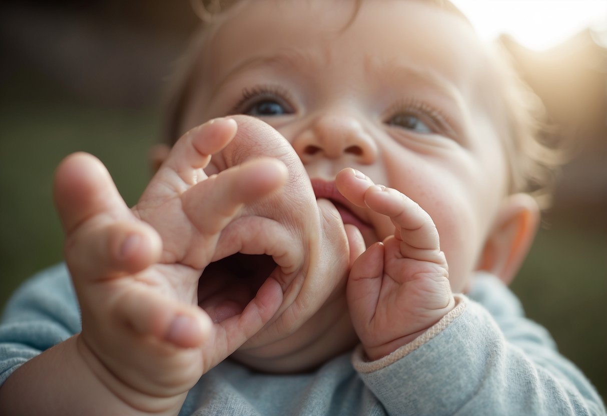 A baby's hand reaches towards a calm, open mouth. The scene is peaceful and nurturing, with a sense of comfort and security