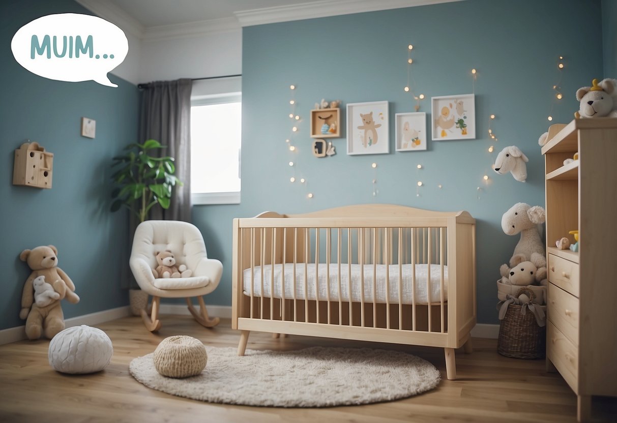 A baby's nursery with toys and a crib. A speech bubble with "mum" above a smiling baby