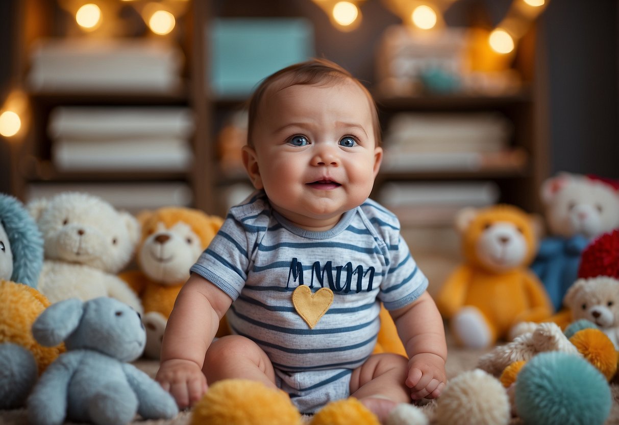 A baby's first word "mum" at 4 months, surrounded by toys and books