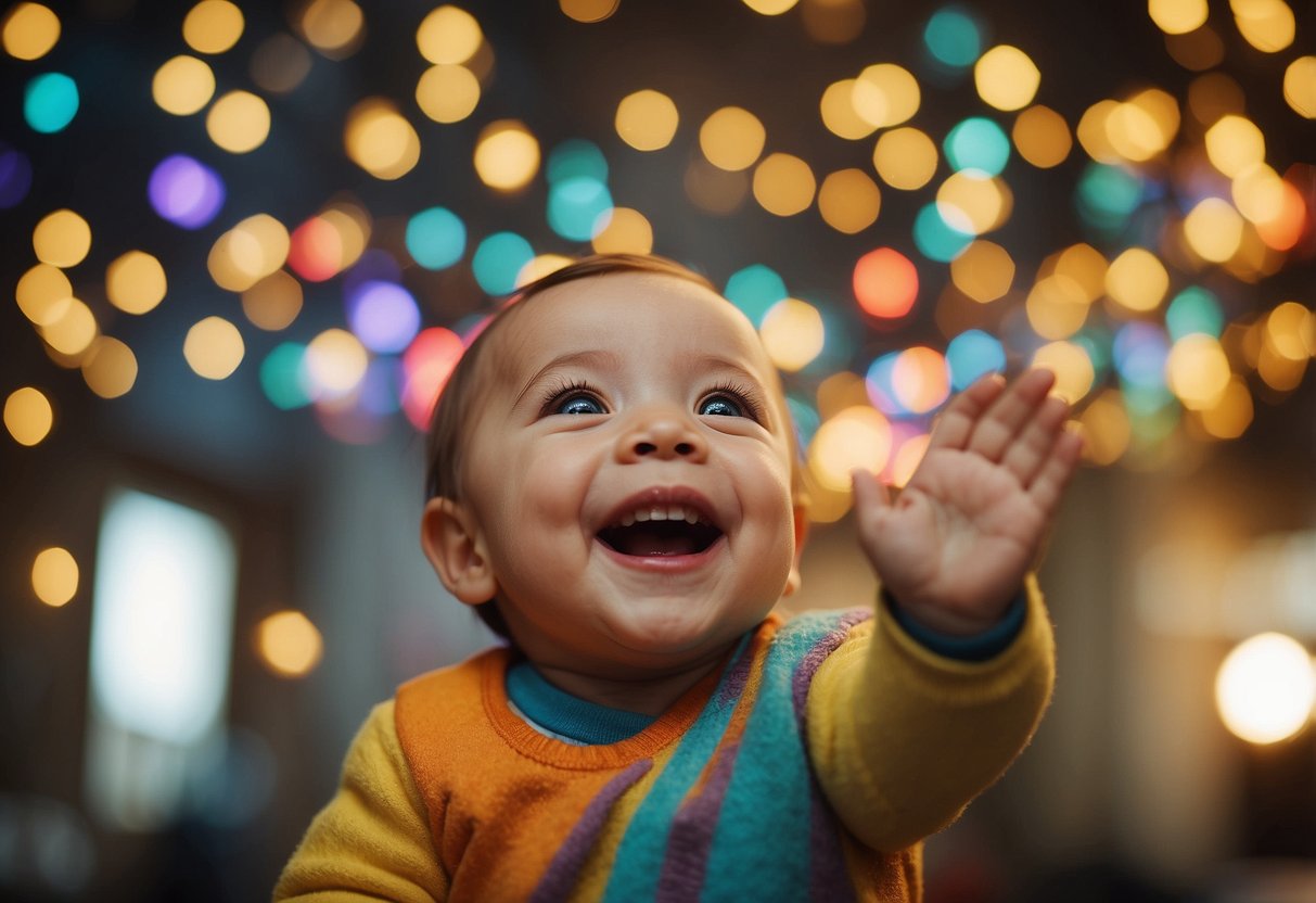 A smiling baby looks up at a colorful mobile, reaching out and babbling happily
