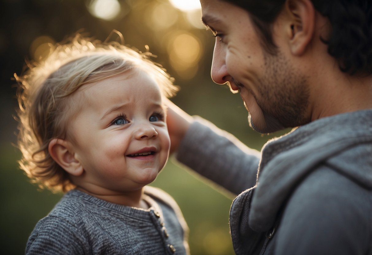 A smiling baby reaching out to touch a parent's face, showing affection and connection, indicating the feeling of love at a young age