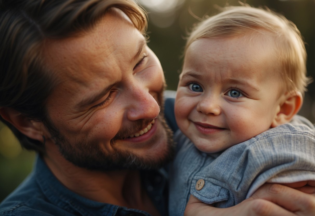 A baby gazes up at their parent, smiling, as the parent lovingly cradles them in their arms