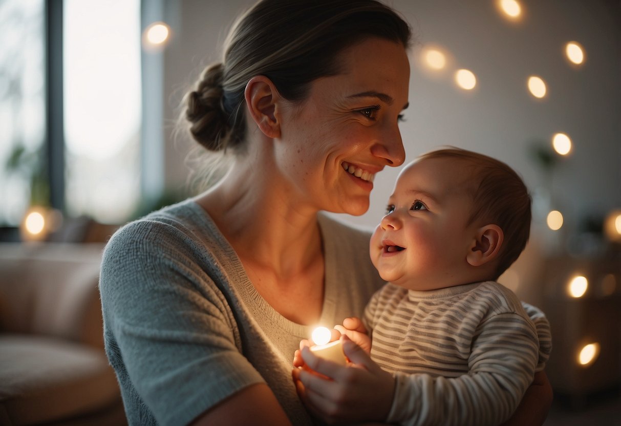 A baby's face lights up, eyes wide with wonder, as they gaze at a caregiver's smiling face. The caregiver's arms are open, ready to embrace the child