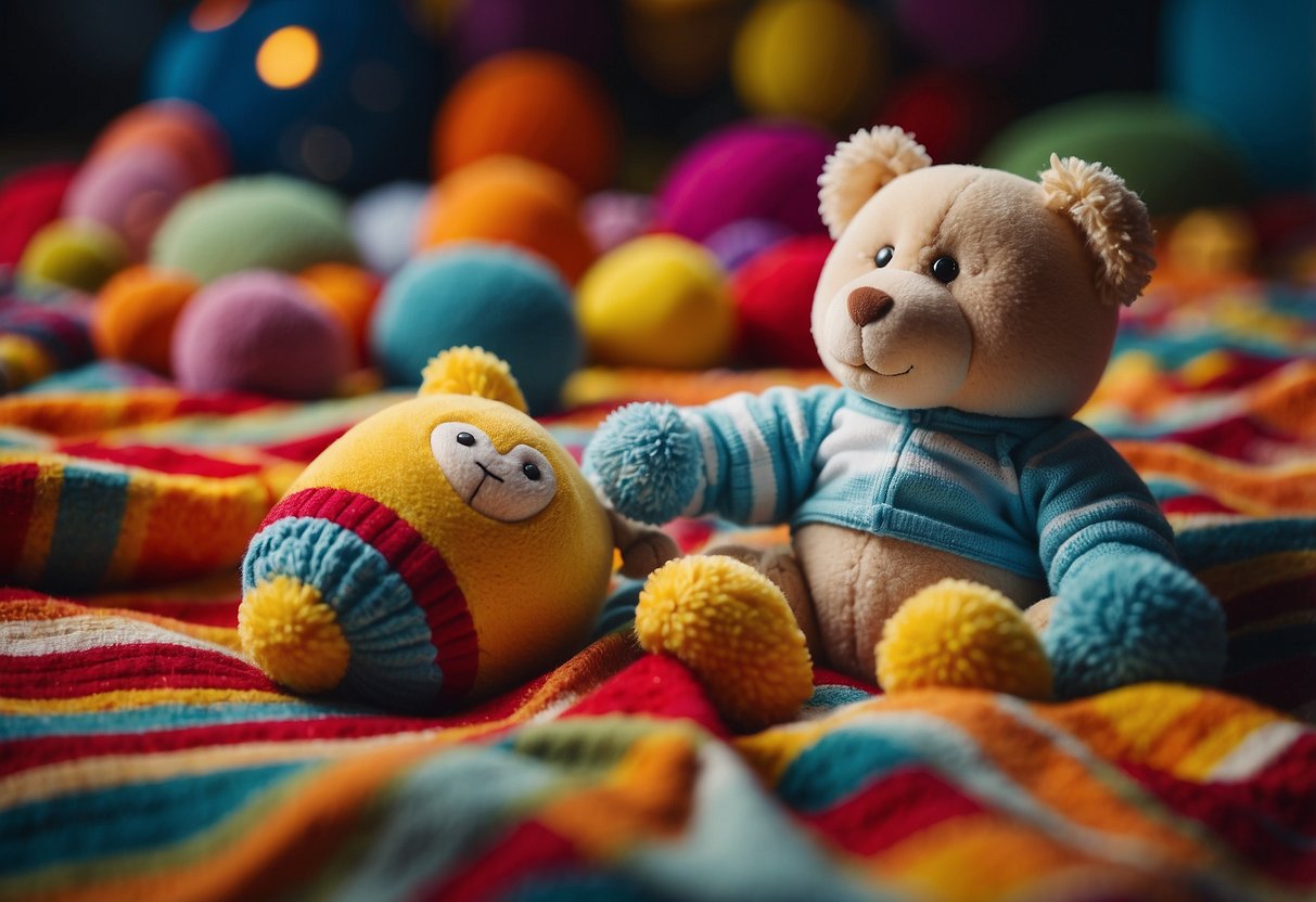 A baby's toy lies on the floor as a colorful blanket is spread out. The toy is surrounded by soft pillows, and a mobile hangs above, with bright, dangling shapes