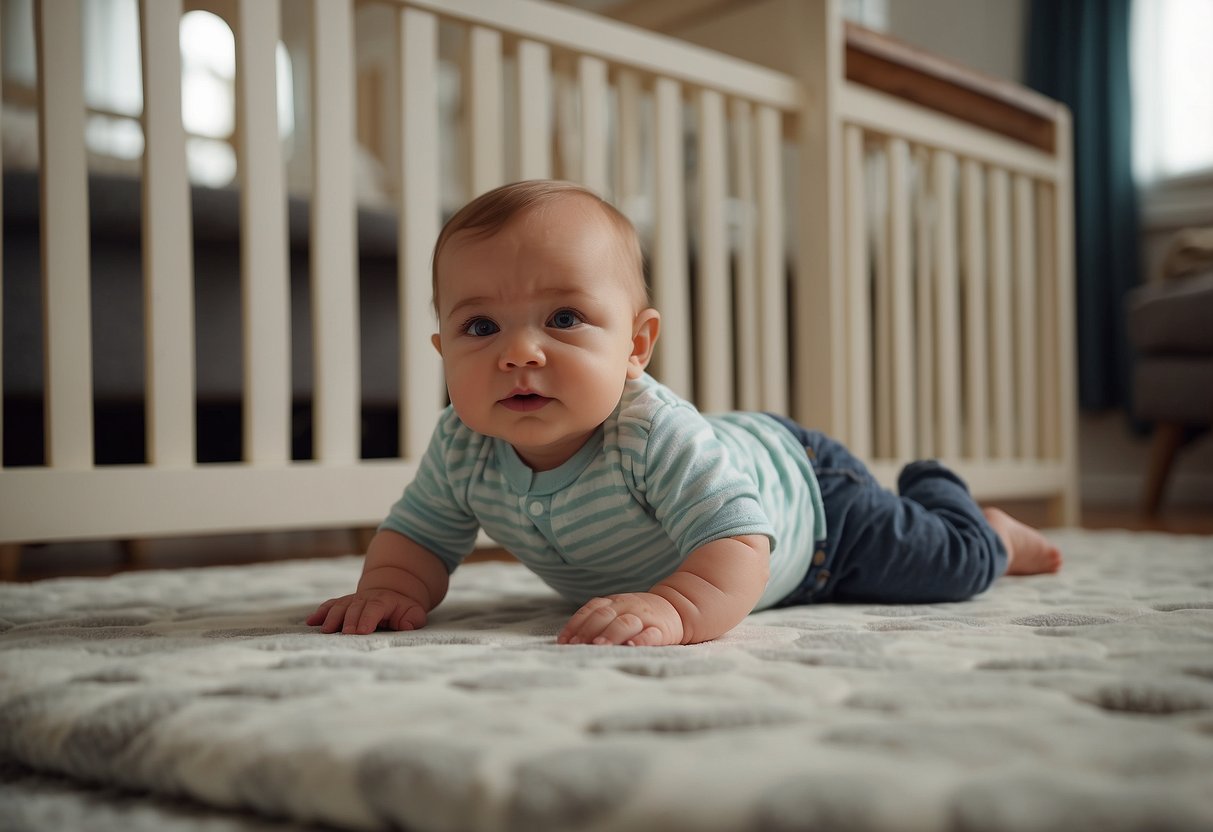 A baby lies on a soft, padded surface. Surrounding the baby are safety gates, outlet covers, and secured furniture. A caregiver watches attentively as the baby begins to roll over