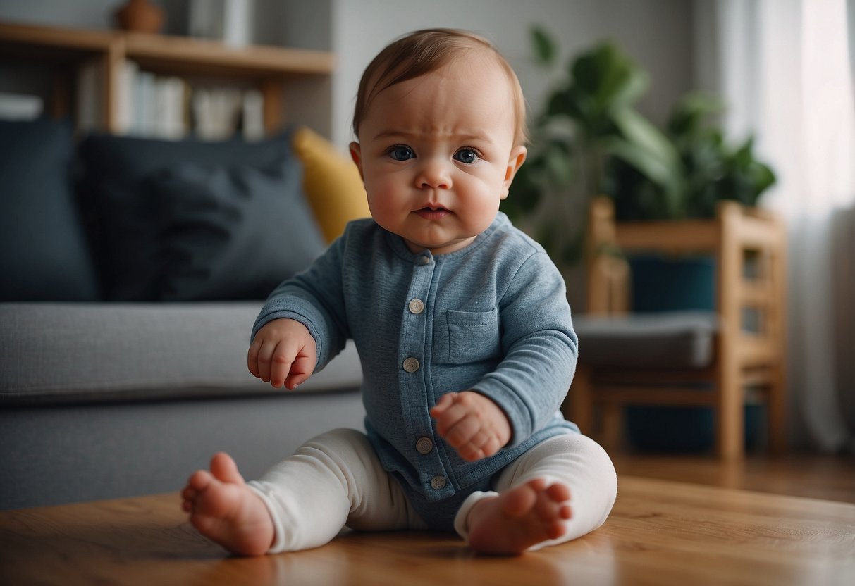 A baby stands up, holding onto furniture for support