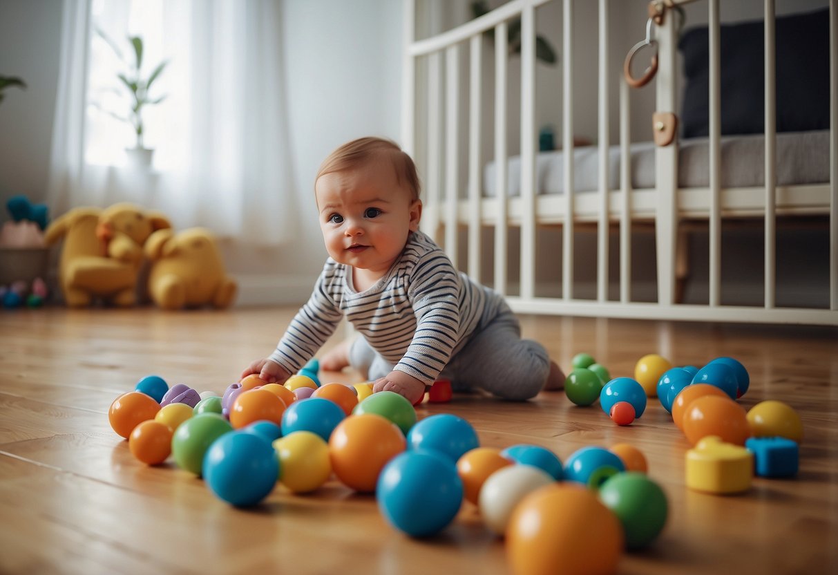 A baby's toys scattered on the floor, with safety gates and soft padding around, as they attempt to pull themselves up on furniture