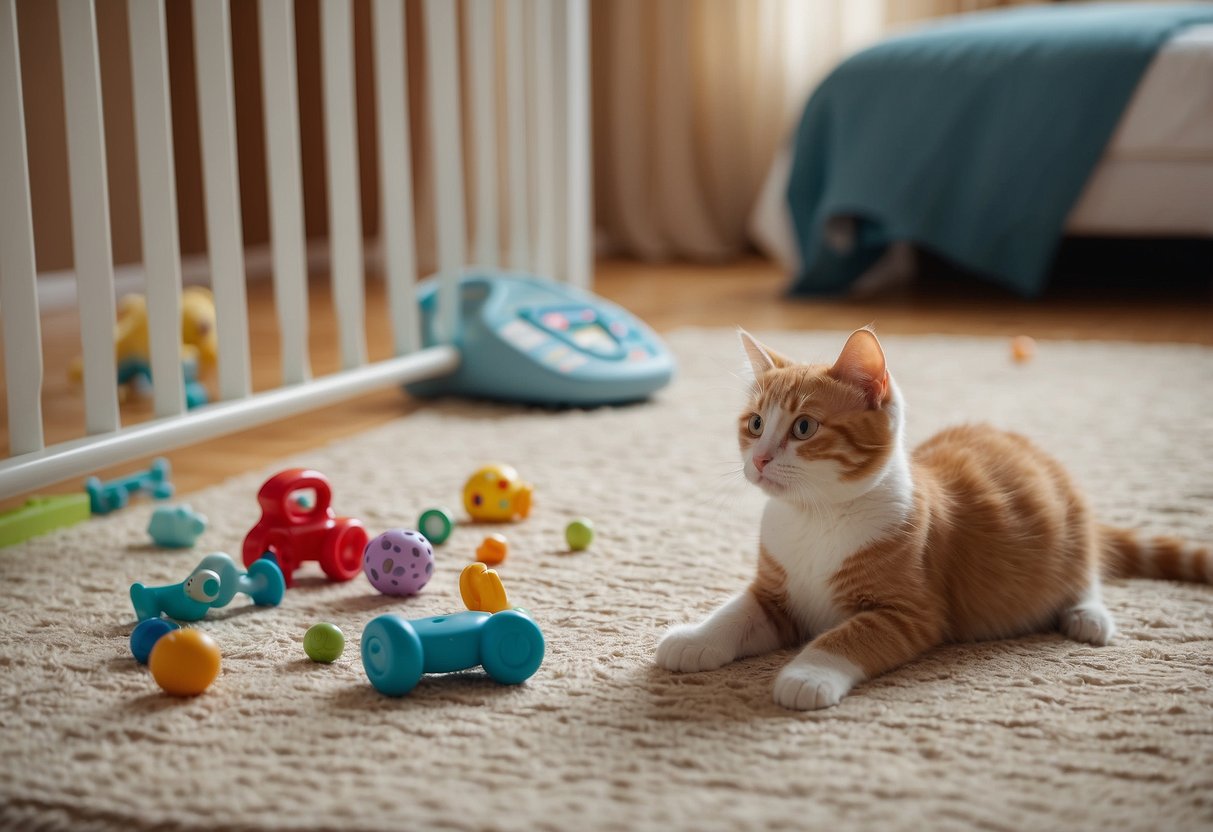 A baby's toys scattered on the floor, with a baby gate in the background and a curious cat nearby