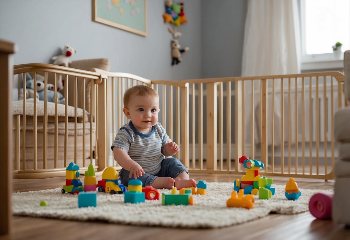 A room with scattered toys and a baby gate. A baby sits and reaches for objects, but doesn't crawl