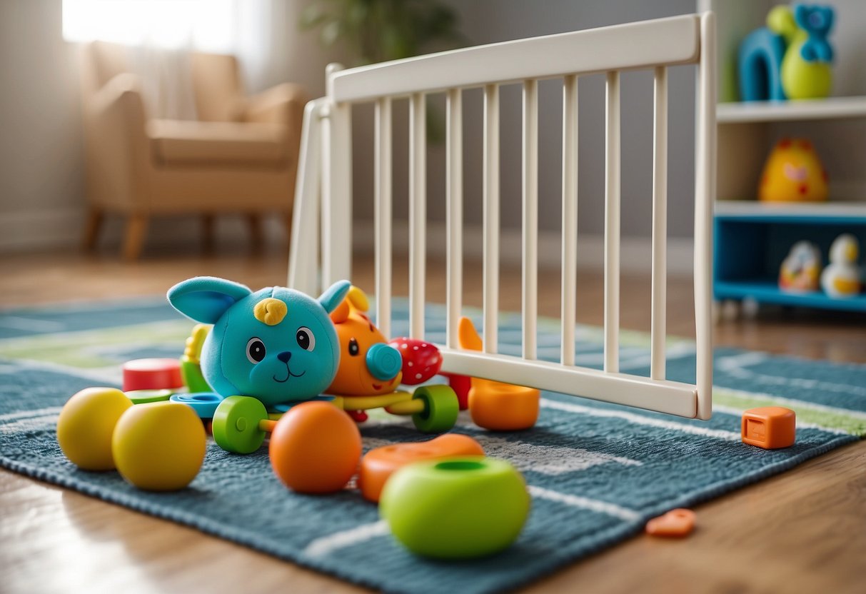 A baby's toys scattered on the floor, with a colorful play mat and a baby gate in the background