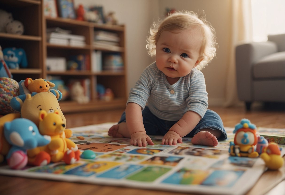 A 1-year-old points to a picture of a woman and says "mama?" while surrounded by toys and books