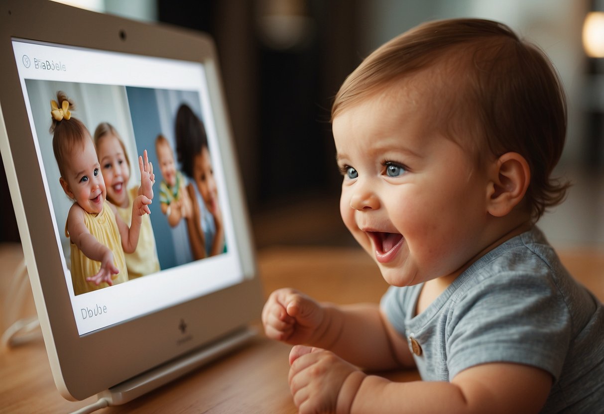 A 1-year-old points to a picture of a mama and babbles in excitement, showing early speech and language development
