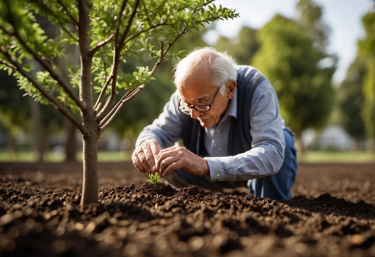 A 100-year-old man plants a small seed in the soil, nurturing it with care and patience as it grows into a strong and vibrant tree