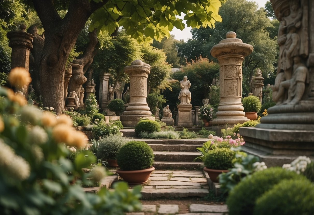 A lush, vibrant garden with blooming flowers and fruit-bearing trees, surrounded by signs of wisdom and age, such as ancient stone statues and weathered, wise-looking animals