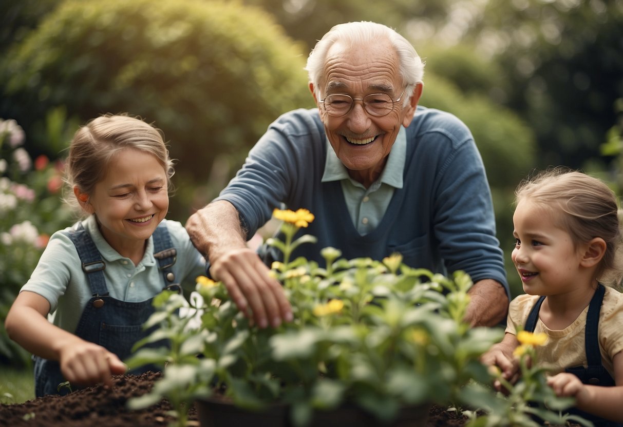 A 100-year-old man gardening, exercising, and playing with young children. He looks healthy and happy, surrounded by family and nature
