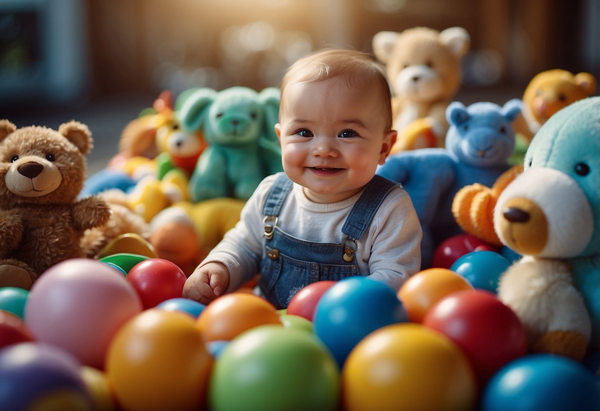 A smiling baby surrounded by colorful toys and engaging with a friendly animal