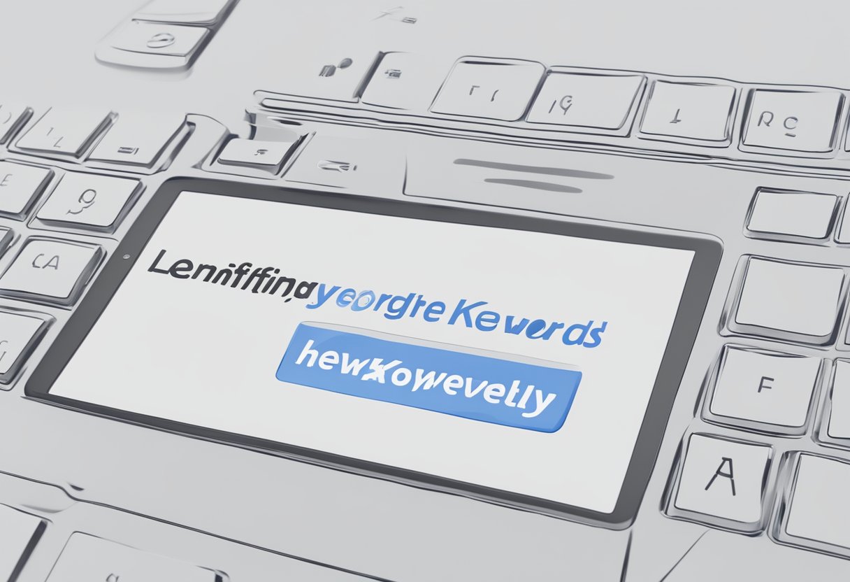 A computer screen displaying a search engine with the words "Identifying the Right Keywords How to Use Keywords Effectively" highlighted in bold