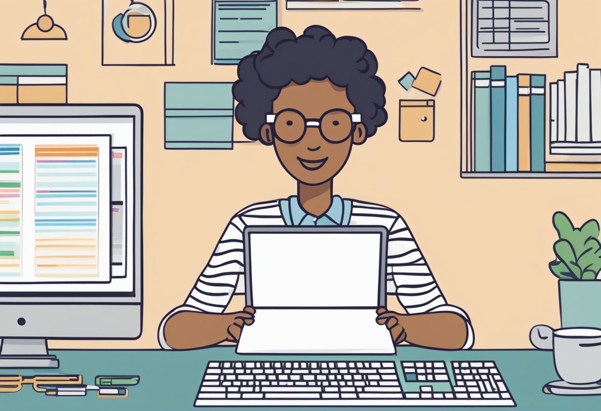 A person typing on a keyboard with a list of keywords on a screen and a notebook for crafting content