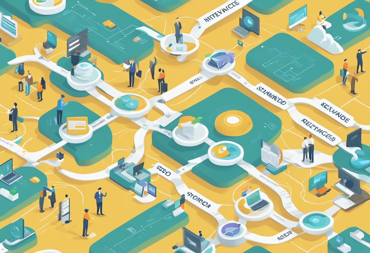 Keywords scattered across a digital landscape, intertwined with SEO strategies, creating a web of interconnected relevance and visibility