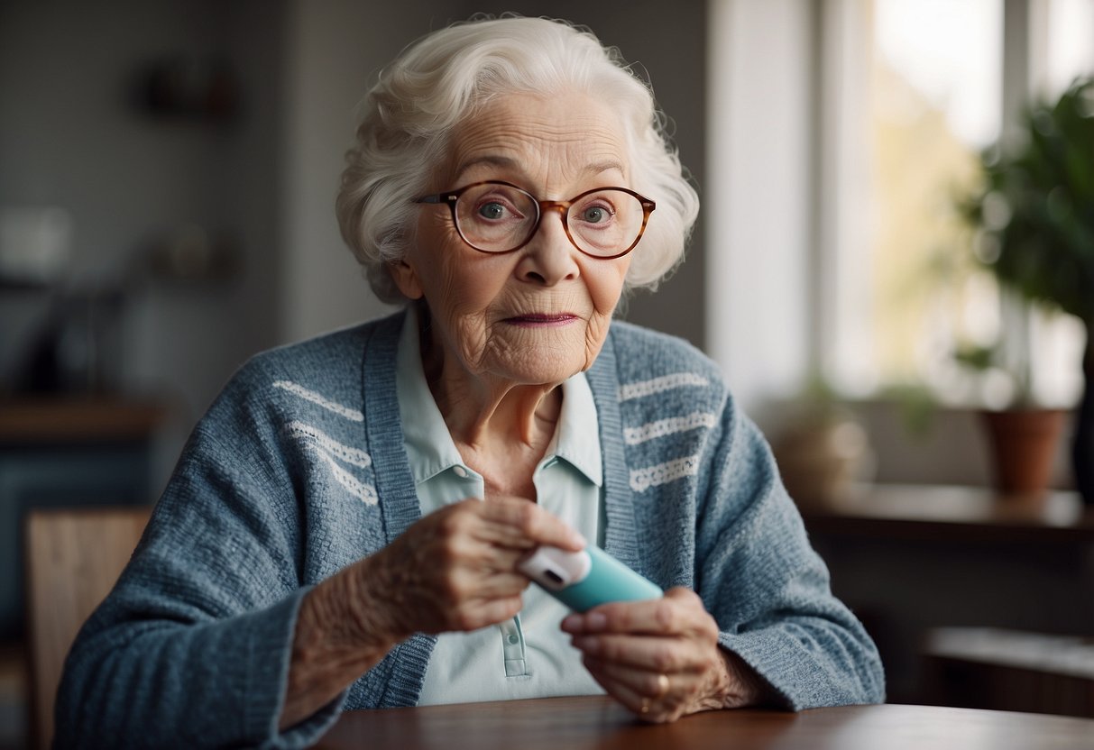 A 90-year-old woman holds a pregnancy test, looking surprised and confused